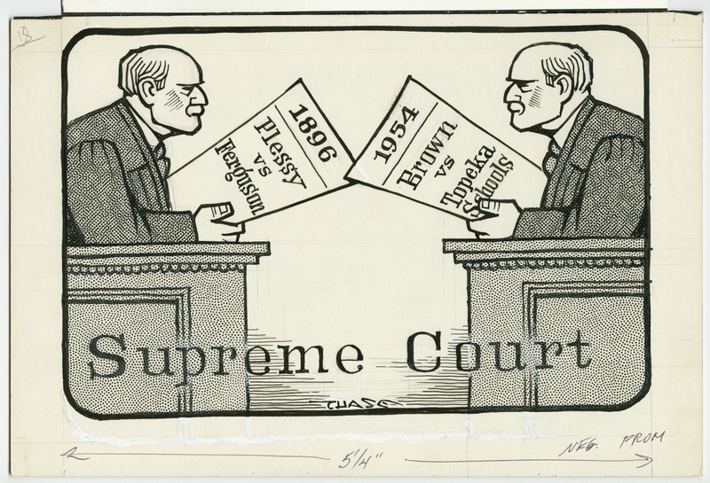 The cartoon shows the connection betweenPlessy v. FergusonandBrown v. Board of Educationas landmark civil rights cases.