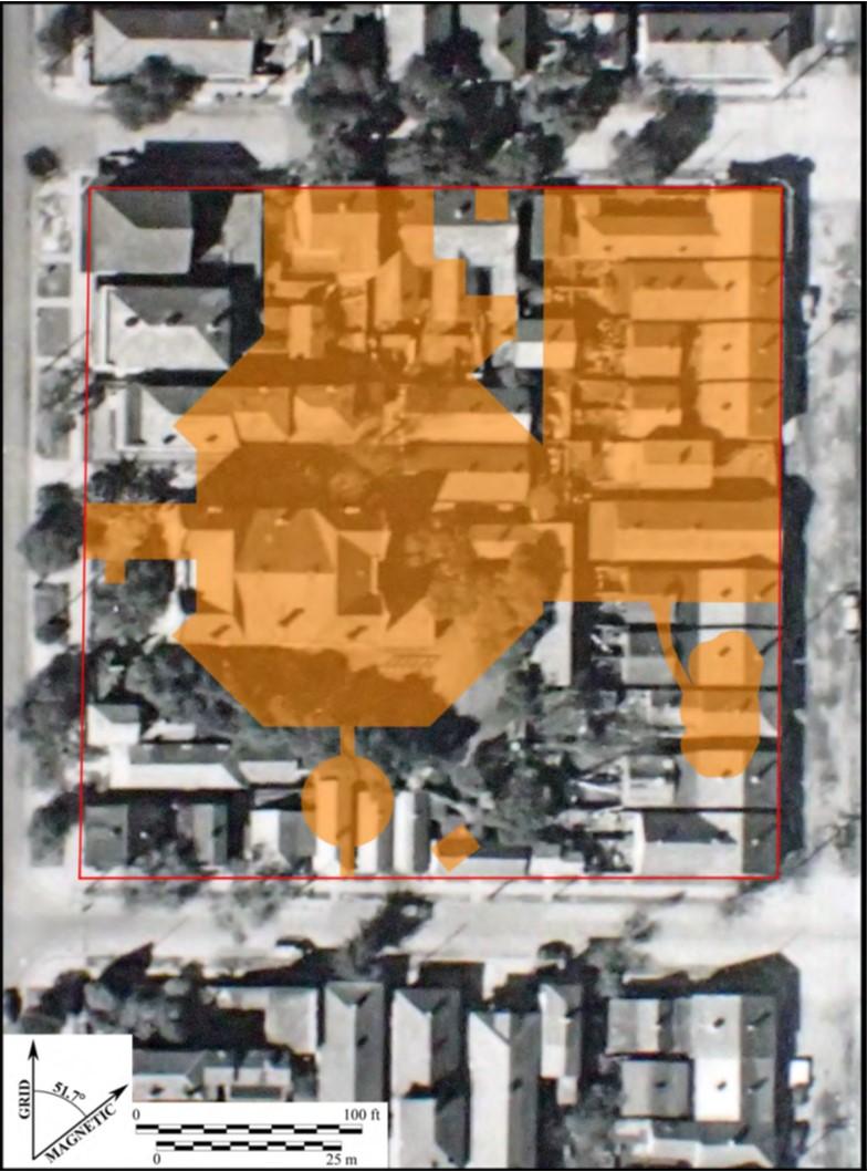 Aerial photo showing square block with densely built historic homes covering the block and an outline of the Wicker elementary school shaded over the majority of the block.<br />
<br />