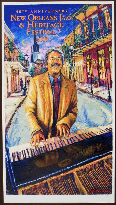 Allen Toussaint is depicted in an anniversary poster for the iconic New Orleans Jazz & Heritage Festival.
