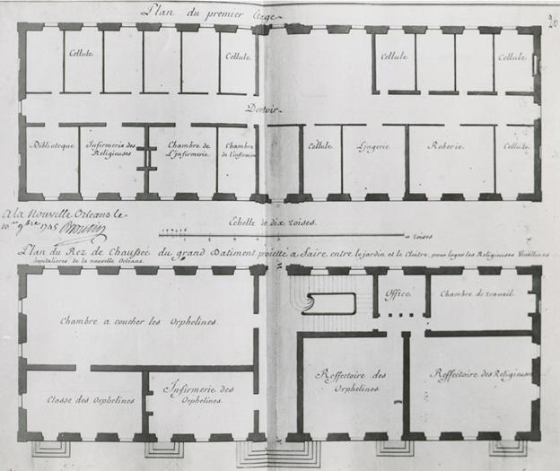 French Colonial architectural plan with writing in cursive, black ink