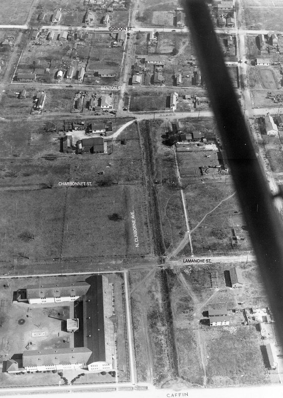 Aerial photograph of the Lower Ninth Ward near the 1950s-'60s Lamanche Street Locus at the former Temple of Innocent Blood.