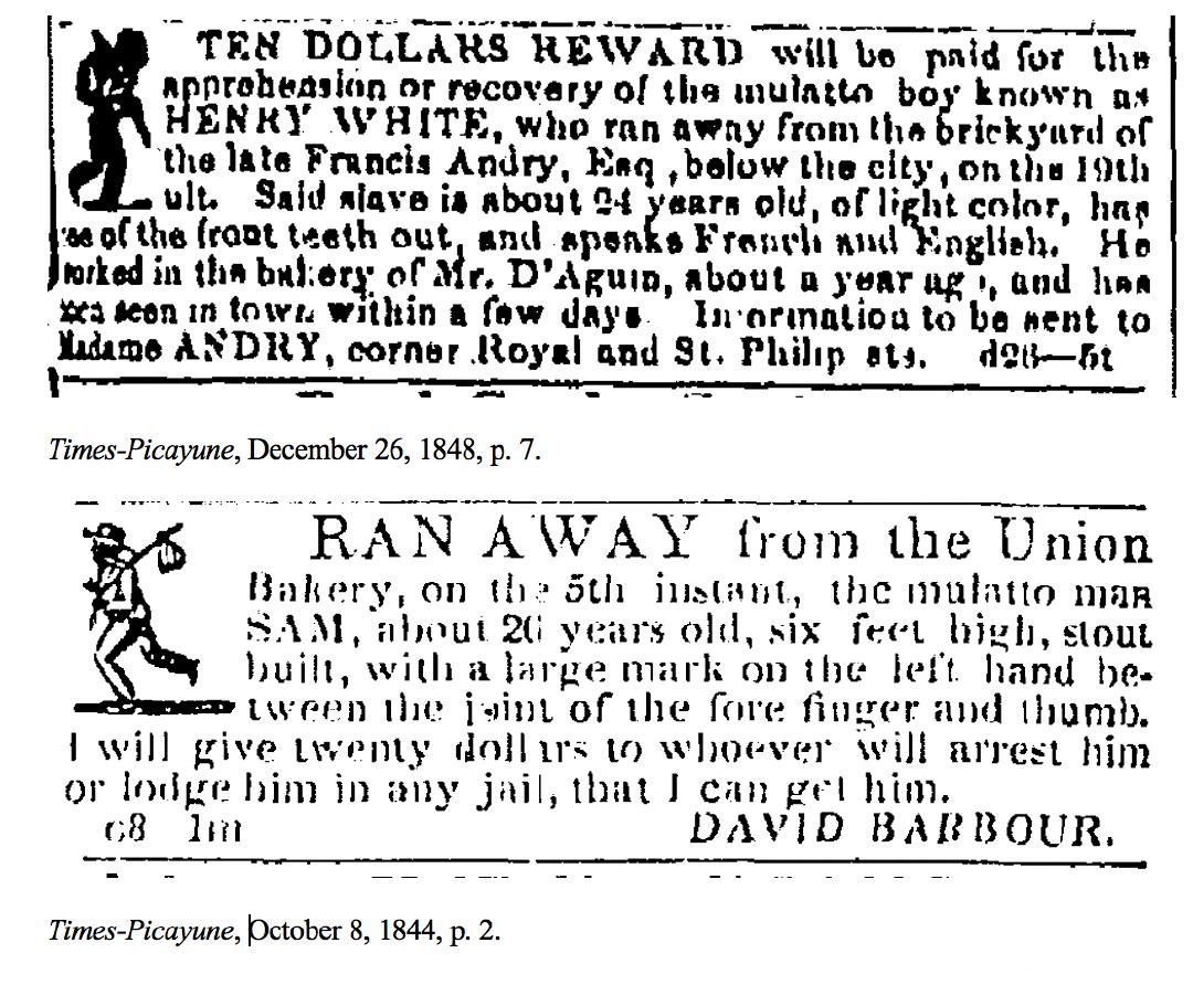 Fugitive Slave Advertisements D'Aquin Bakery and Union Bakery