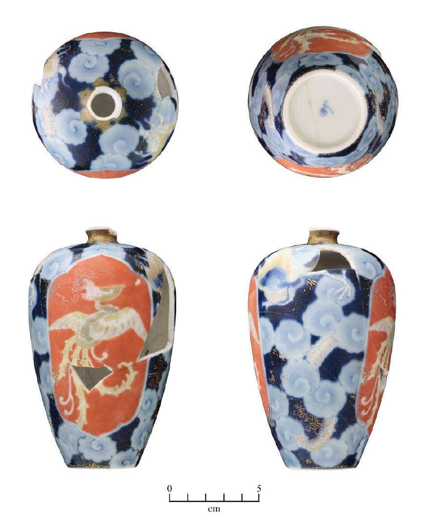 Views of a small vase with rounded shoulder and a small neck. Vase is highly decorated with a background of cloudy light blue swirls against a dark blue background and a dragon figure. Some gold gilt is visible. On two sides is a generally oval orange background with a bird or phoenix in lighter yellows.