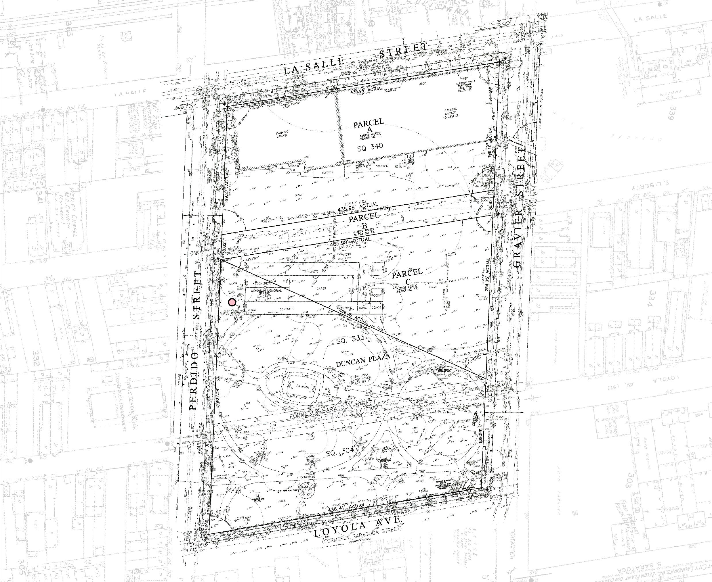 Black and White Overlay of a Schematic with Duncan Plaza's Redevelopment and a Historical Sanborn Map