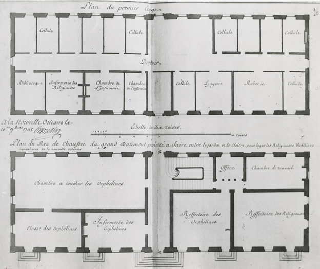 French Colonial architectural plan with writing in cursive, black ink