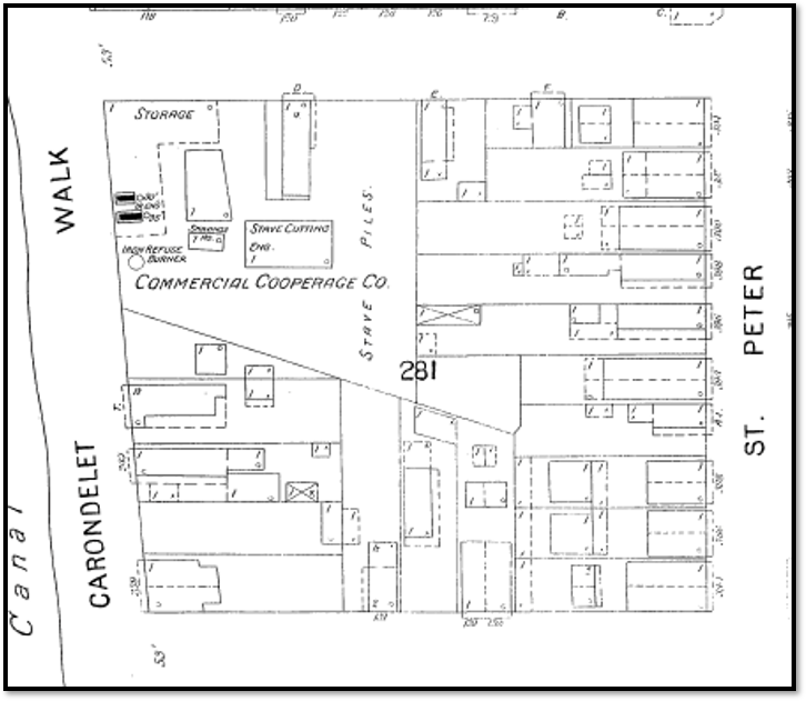 A schematic of city square 281 in 1893 that shows "Commercial Cooperage Company" in the top right corner, along Carondelet Walk. The map includes a storage shed, furnace, and other buildings on the lot.