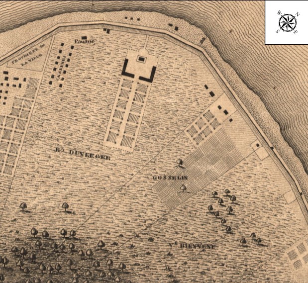 Historical map of Algiers Point showing buildings, fields on the west bank of the Mississippi River.