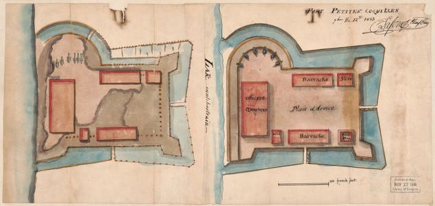 A blue, red and brown watercolor sketch showing one rough version and one more polished version of a fort layout from above.