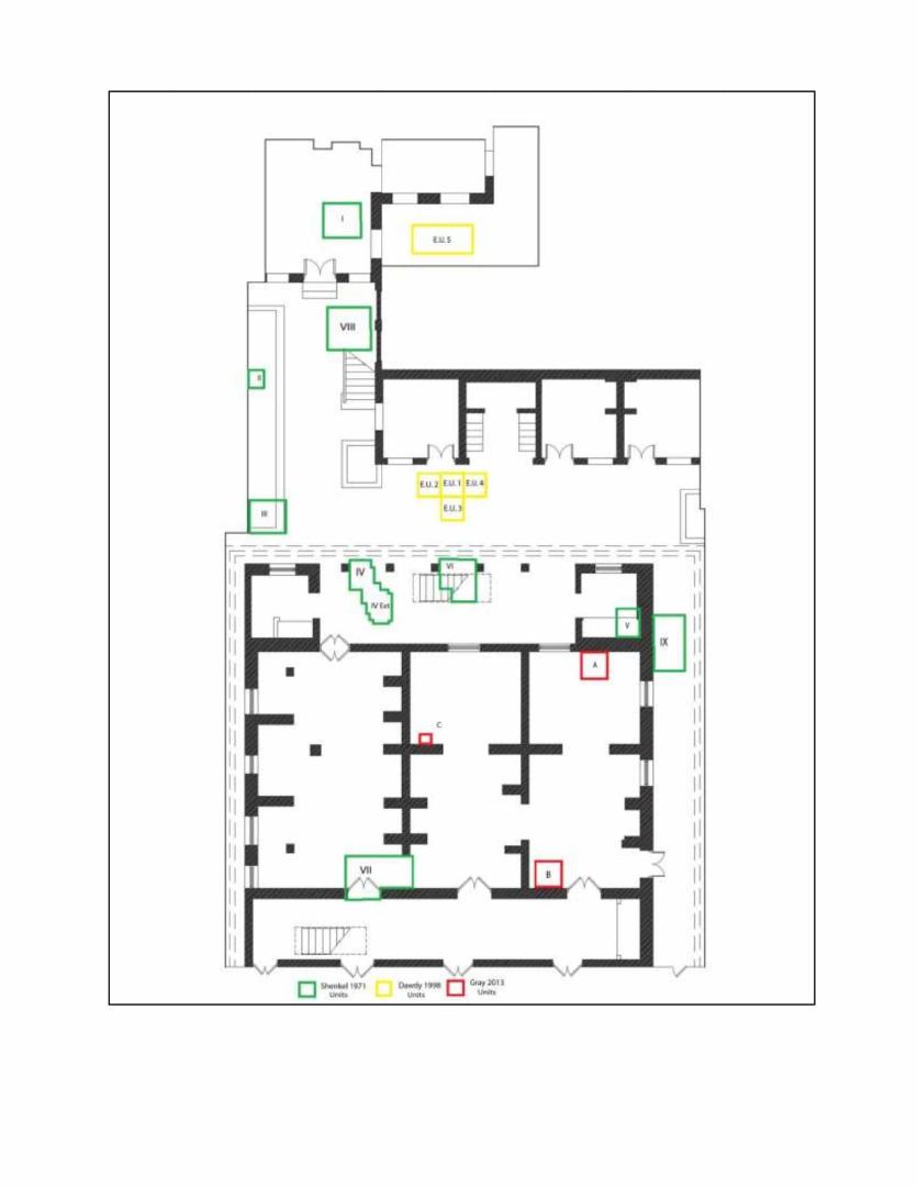 Plan view of a the first floor of Madame John's Legacy with green, yellow, and square outlines